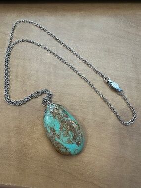 Natural Turquoise Teardrop Pendant Necklace – Sterling Silver Chain – Blue Green